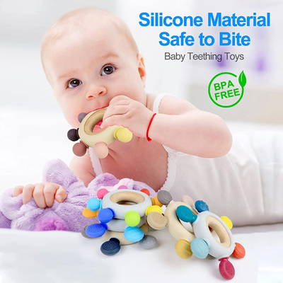 BPA Free 8 Arah Mainan Bayi Tumbuh Gigi dengan Cincin Kayu Menenangkan Gusi Bayi
