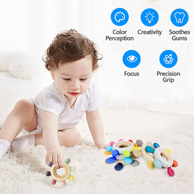 BPA Free 8 Arah Mainan Bayi Tumbuh Gigi dengan Cincin Kayu Menenangkan Gusi Bayi