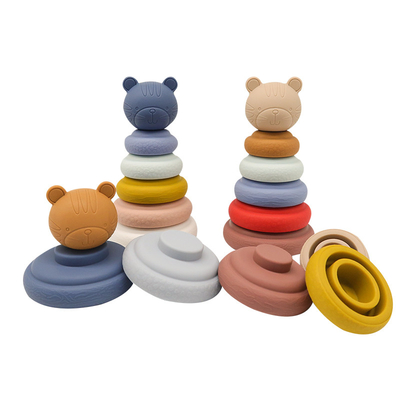 Pendidikan Awal Mainan Susun Cricle Nesting &amp; Building Rings Stacker Soft Silicone Squeeze Teethers Play Set
