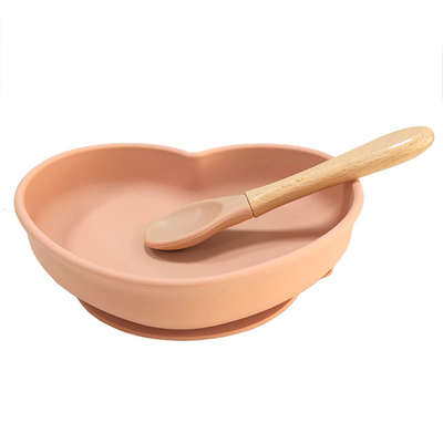 Piring Makan Bayi Produk Silikon Disesuaikan Mengatur Pink Dengan Sendok Kayu